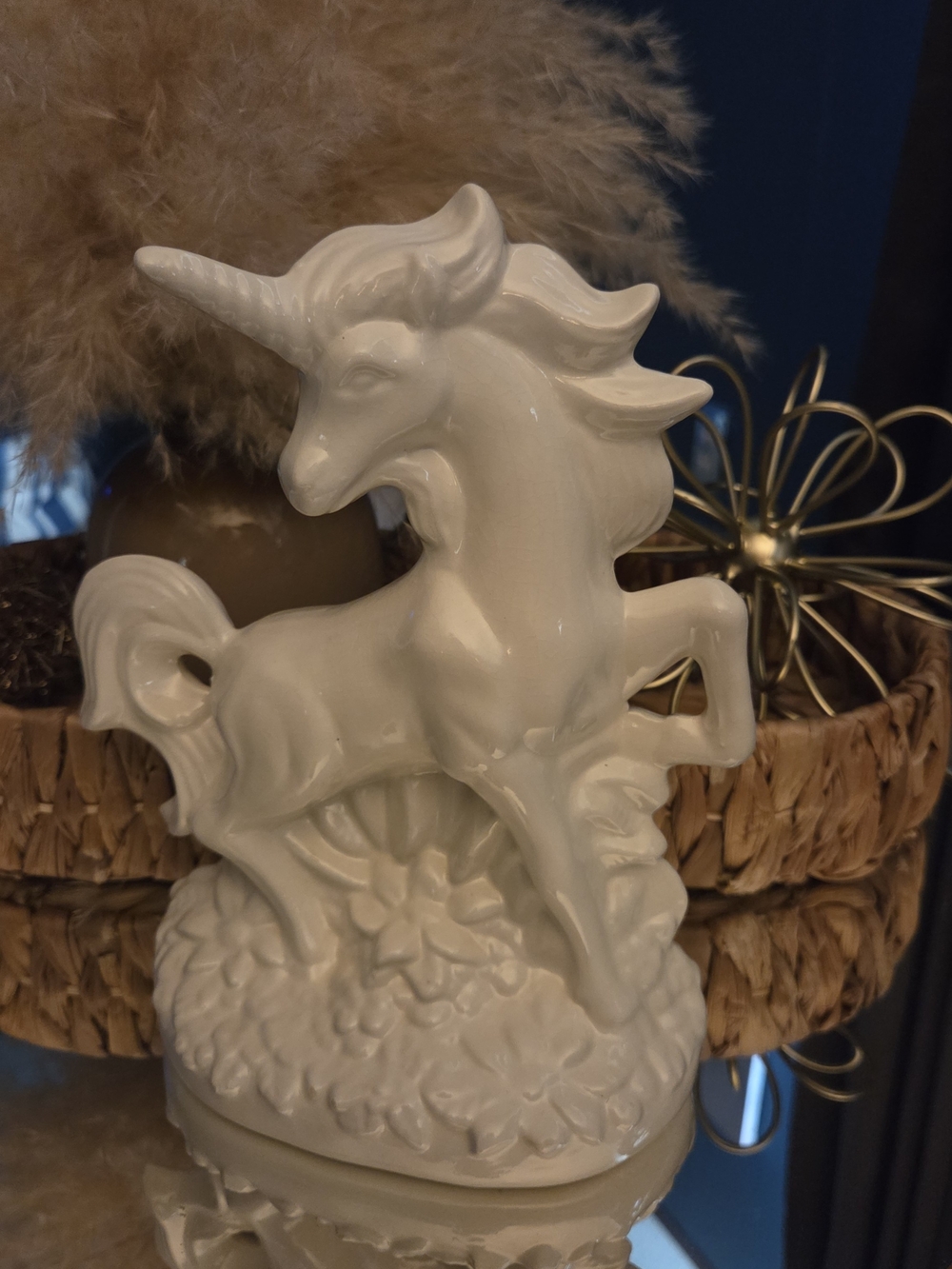 White Ceramic Unicorn Figurine Glossy Fantasy Decor Floral Base Shelf Decor